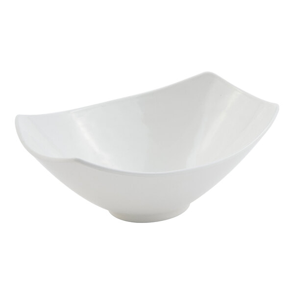 A white, rectangular bowl with gently curved sides and a smooth finish.
