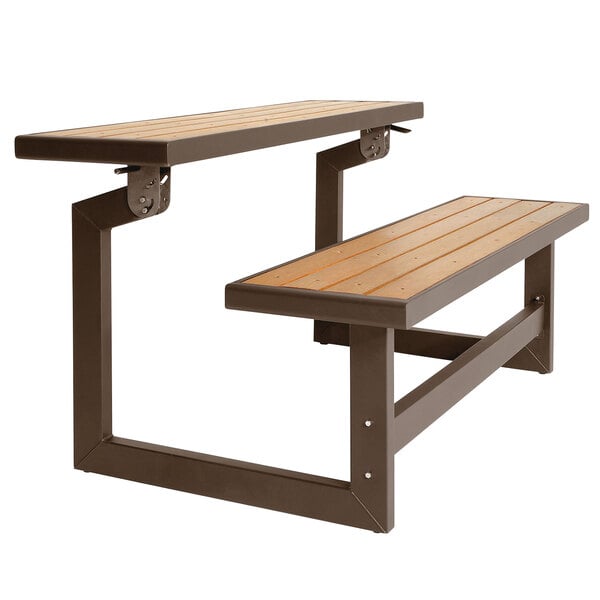 A brown Lifetime convertible bench with wooden seats and a metal frame.