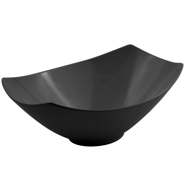 A black Bon Chef Gondola bowl with a curved edge.