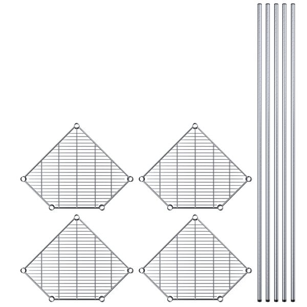 A Regency chrome wire pentagon corner shelf kit with metal grid and metal rods.