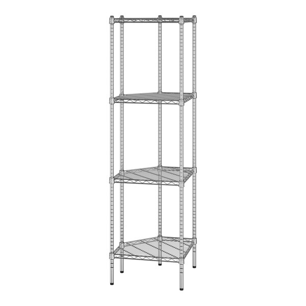 A wireframe of a Regency chrome wire pentagon corner shelf kit with four shelves.