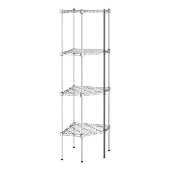 A chrome wire pentagon corner shelving unit with four shelves and tall posts.