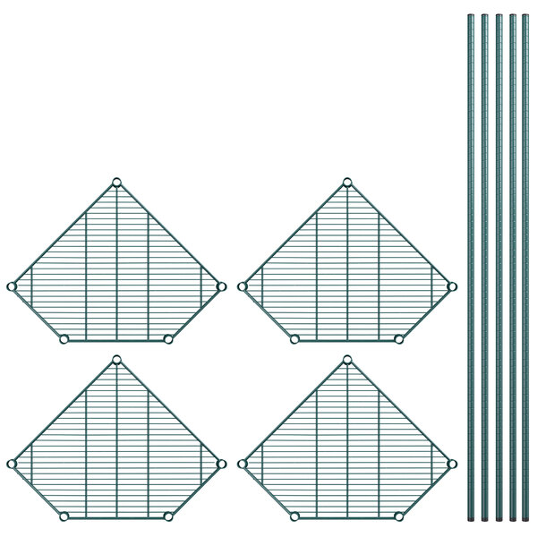 A close-up of a green epoxy metal wire pentagon shelf.