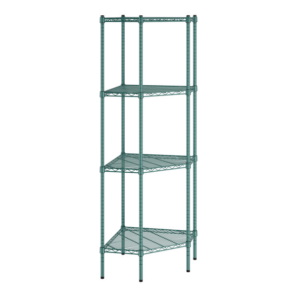 A green metal Regency wire shelving unit with four shelves.