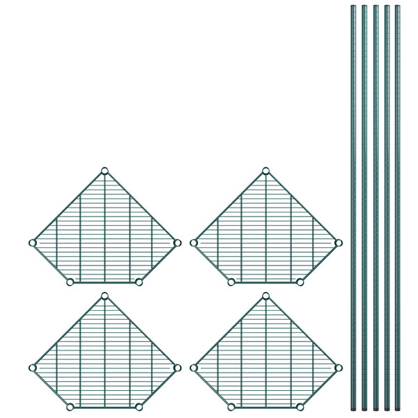 A group of green Regency wire shelves with a metal grid.