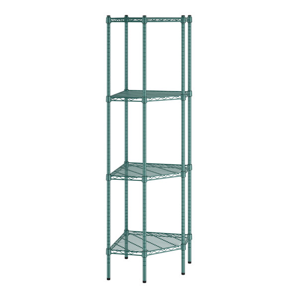 A green wire shelf kit with four shelves.