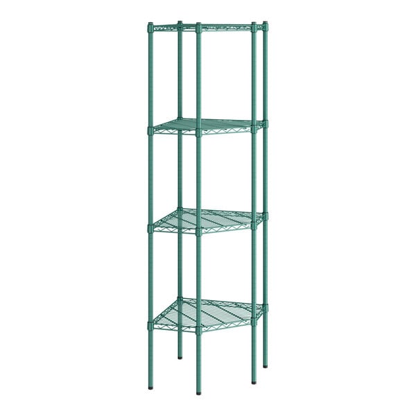 A green epoxy wire pentagon corner shelving unit with four shelves and tall posts.