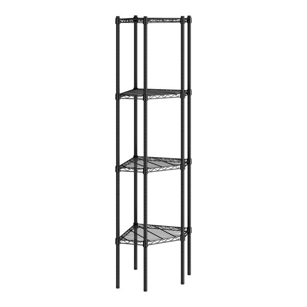 A black epoxy wire pentagon corner shelving unit with four shelves and tall posts.