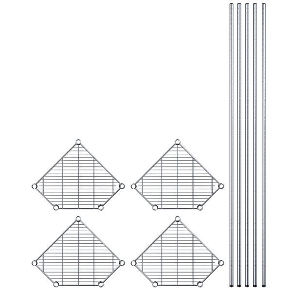 A Regency chrome wire pentagon corner shelf kit with metal wire shelves and metal posts.