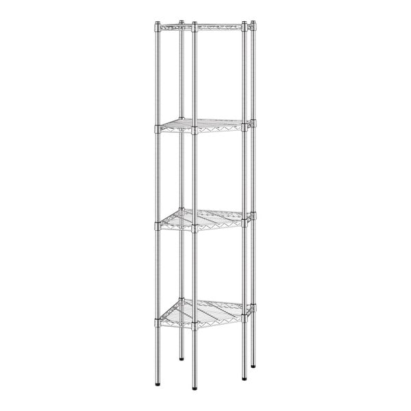 A tall, chrome wire shelving unit with four pentagon-shaped shelves designed to fit into a corner.