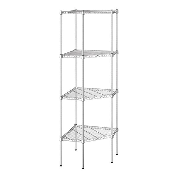 A chrome wire pentagon corner shelving unit with four shelves and tall posts.