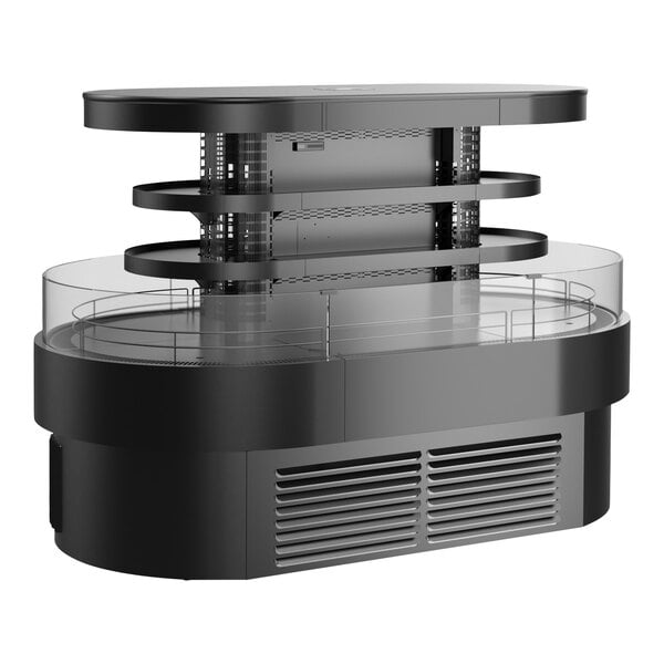 A black and white refrigerated self-service island merchandiser with glass shelves.