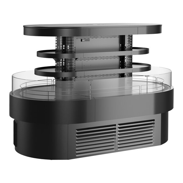 A black Structural Concepts refrigerated self-service island merchandiser with glass shelves on a black and white circular table.