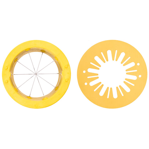 A yellow circular blade with metal spokes and a hole in the middle.