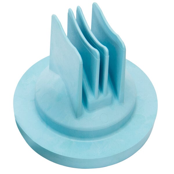 A blue plastic object with three pieces, including a knob and four blades.