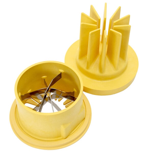 a yellow plastic object with sharp spikes