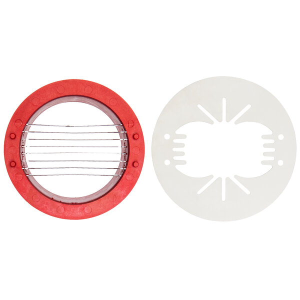 A white circular ring with red metal strips and holes.