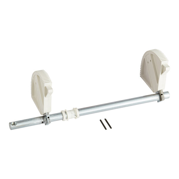 A metal rod with Sunkist white plastic gears and shafts.