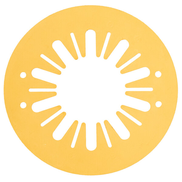 A yellow circle with a sunburst design on it.