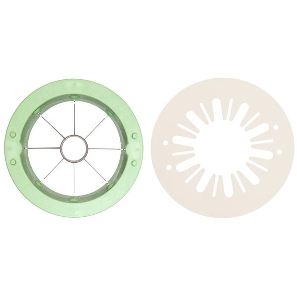A white circular Sunkist Sectionizer with a circular apple corer attachment in the middle.