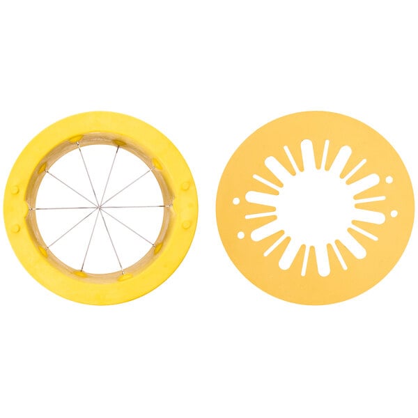 A yellow circular Sunkist Sectionizer Pro with metal spokes and a hole in the middle.