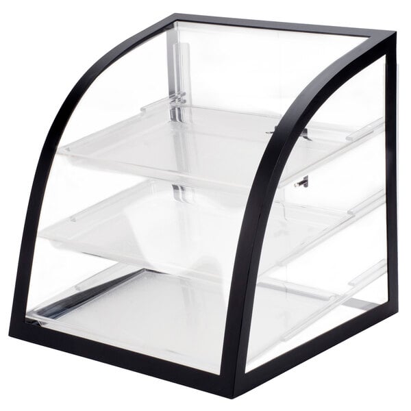 A black iron and clear glass Euro style display case with three shelves.