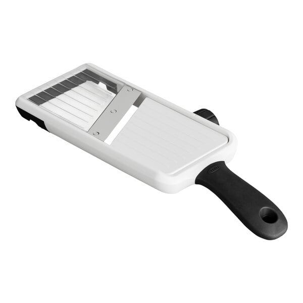 A handheld kitchen slicer with a black handle and adjustable blade, designed for slicing vegetables.