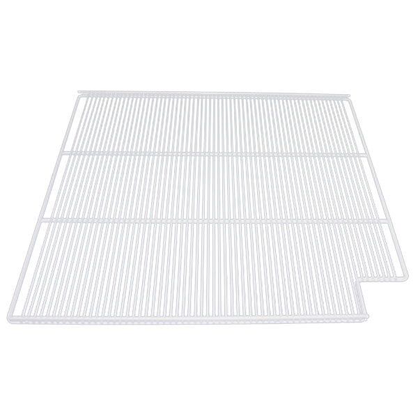 A white coated wire shelf with a grid pattern.