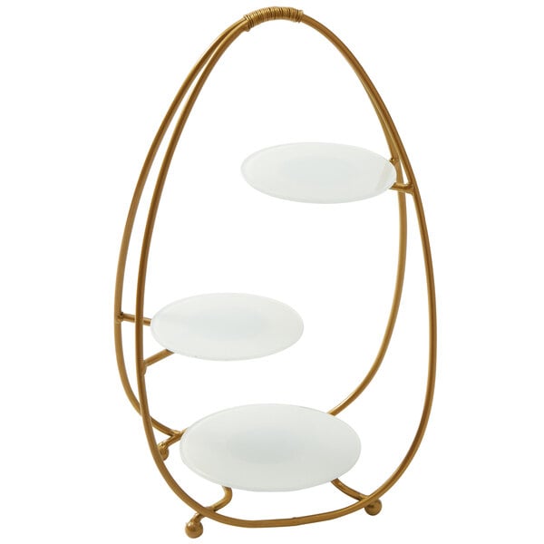 An American Metalcraft gold metal oval stand with three frosted glass plates.