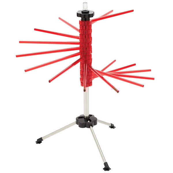 A red and silver Fox Run pasta drying rack with many red tubes.