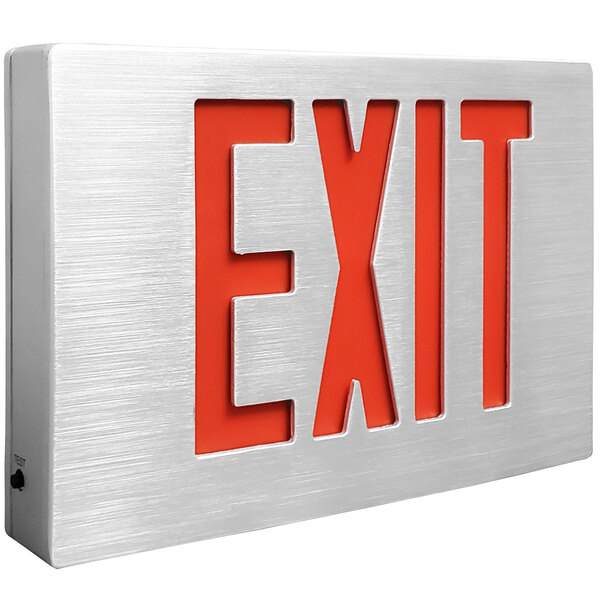 A Lavex double face aluminum exit sign with red lettering.