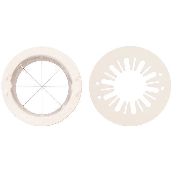 A circular white object with two circular cutouts.