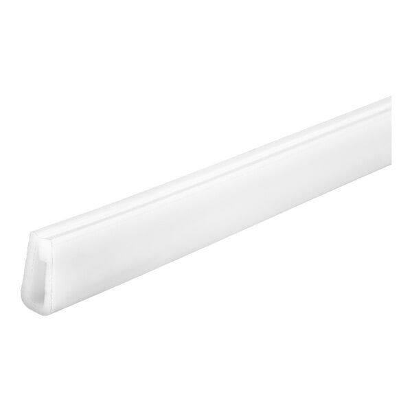 A white, elongated plastic piece with a groove running along its length, likely used as a guide or track component.