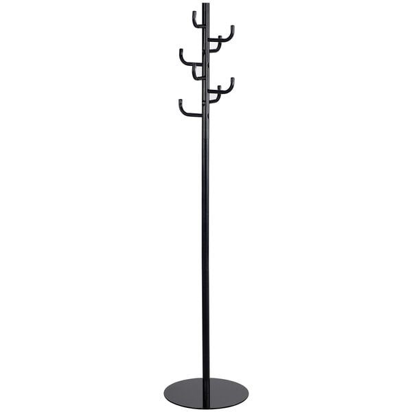 A black Safco steel coat rack with staggered hooks.