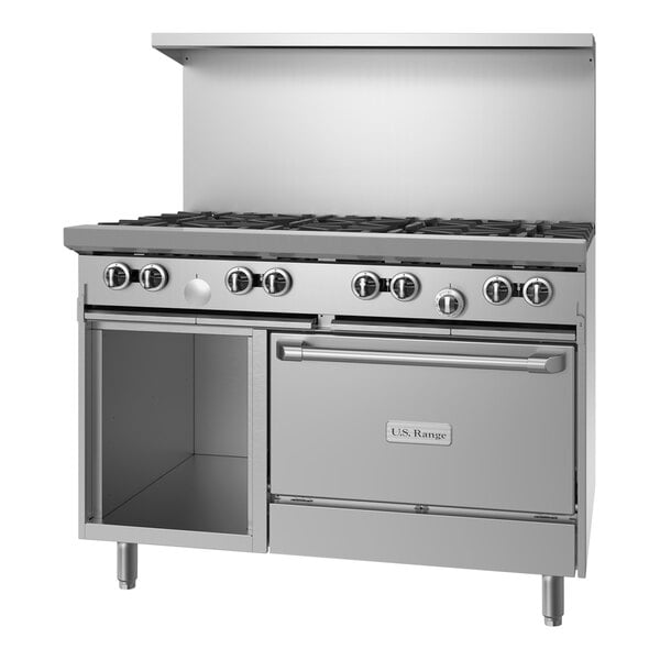 A stainless steel U.S. Range commercial gas range with 8 burners and a standard oven.