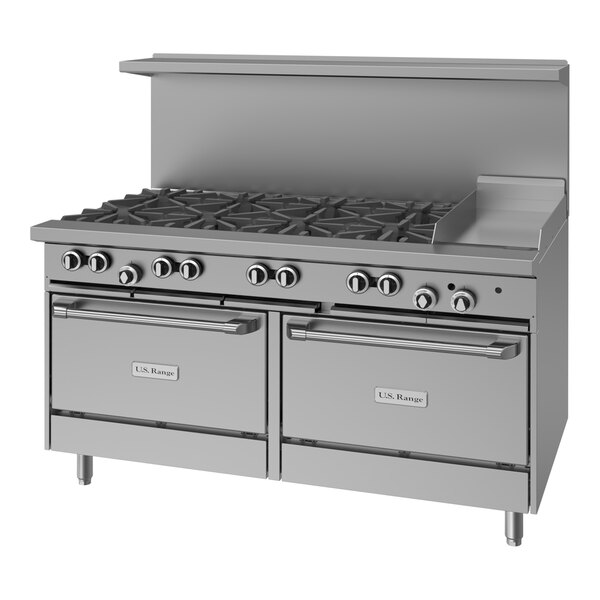 U.S. Range U60-8G12RR LP Liquid Propane 8 Burner 60" Range with 12" Griddle and 2 26" Standard Ovens - 290,000 BTU