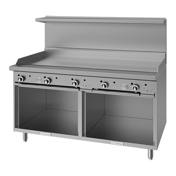 A large stainless steel commercial gas range with a flat griddle top, four control knobs, and two open storage bases underneath.