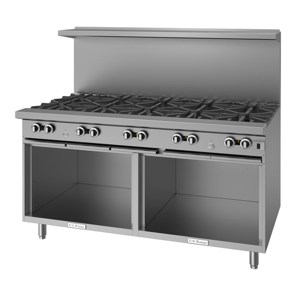 A large stainless steel commercial gas range with ten burners and two open storage bases.