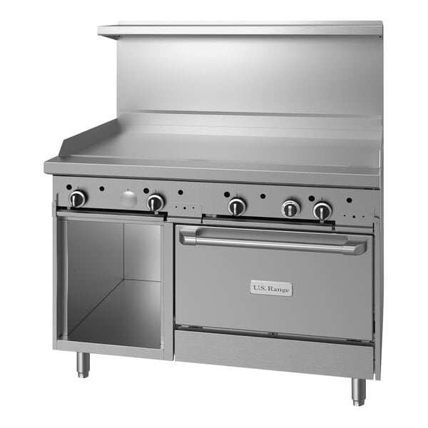 A stainless steel U.S. Range commercial range with a griddle and open oven door.