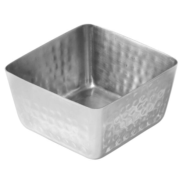An American Metalcraft stainless steel square bowl with a hammered surface and metal handle.