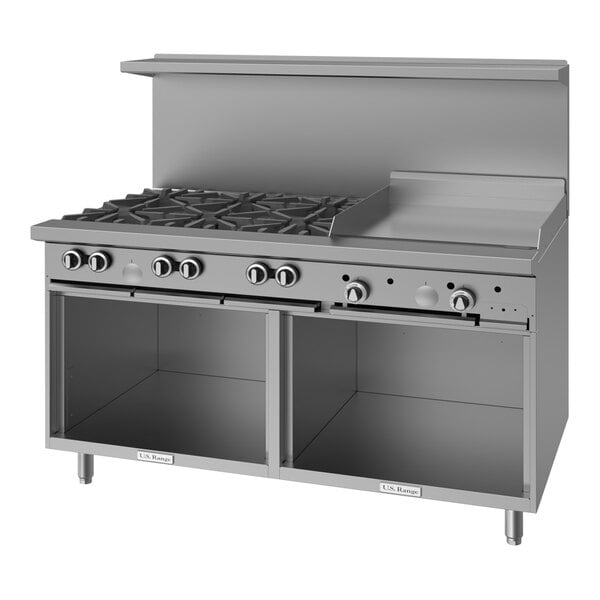 A commercial stainless steel 60-inch range with six burners, a 24-inch griddle, and two open storage bases.