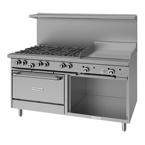 A commercial stainless steel 60-inch natural gas range with six burners, a 24-inch griddle, a standard oven, and a storage base.
