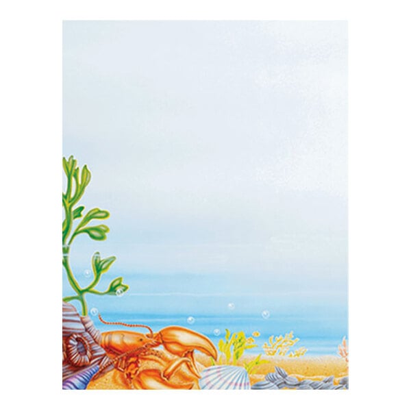 A sheet of 8 1/2" x 11" menu paper with a seafood-themed ocean design featuring seaweed, shells, and a lobster along the bottom and left edge.