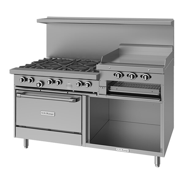 A commercial stainless steel 60-inch natural gas range with six burners, a 24-inch raised griddle and broiler, a standard oven, and a storage base.