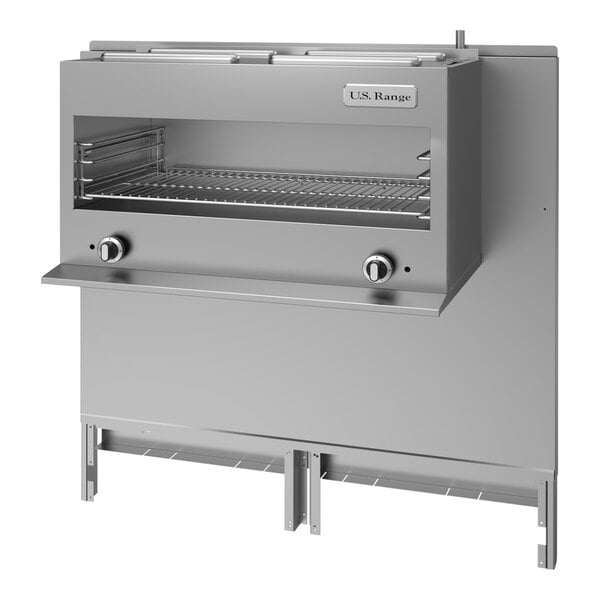 A stainless steel liquid propane range-mount infra-red cheese melter with control knobs and a grilling rack, designed for U48 series ranges.