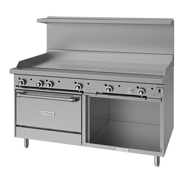 A commercial stainless steel natural gas range with a manual griddle top, a standard oven, and a cabinet base.
