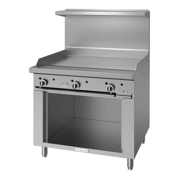 A commercial stainless steel 36-inch range with a flat griddle top, three control knobs, a backsplash, and an open cabinet base.
