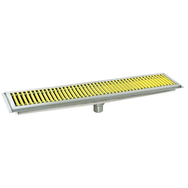A yellow and grey metal floor trough with yellow fiberglass grating over metal bars.