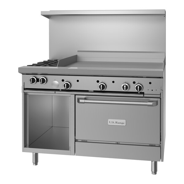 A large stainless steel U.S. Range commercial gas range with two burners, a griddle, and two ovens.