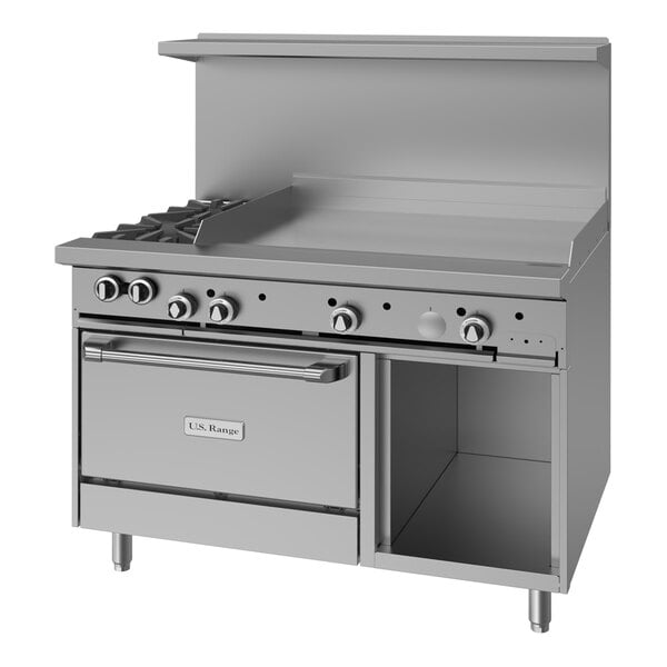 A commercial stainless steel range with two burners, a large manual griddle, a standard oven, and a cabinet base.